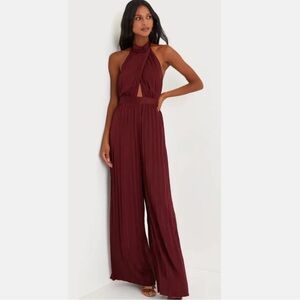Lulus Burgundy Confident Impression Satin Pleated Halter Jumpsuit Size Large